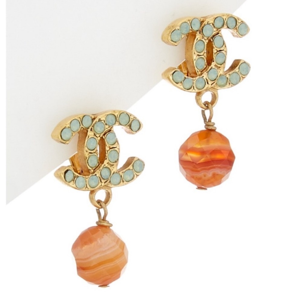 Chanel Gold-Tone Crystal CC & Orange Bead‎ Earring